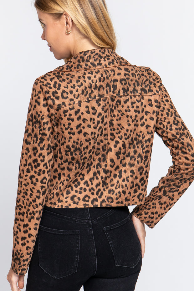 Leopard Print Faux Suede Biker Jacket - Spicy and Sexy