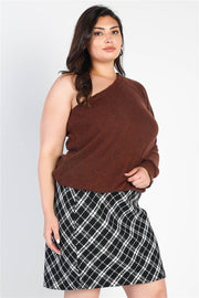 Plus Brown Ribbed Textured One Shoulder Top (Plus Size)
