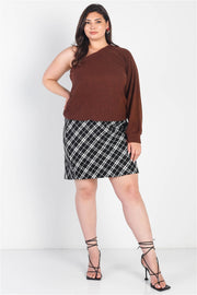 Plus Brown Ribbed Textured One Shoulder Top (Plus Size)