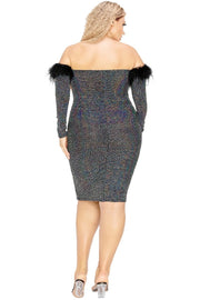 Plus Off Shoulder Feather Trim Detail Sequin Dress (Plus Size)