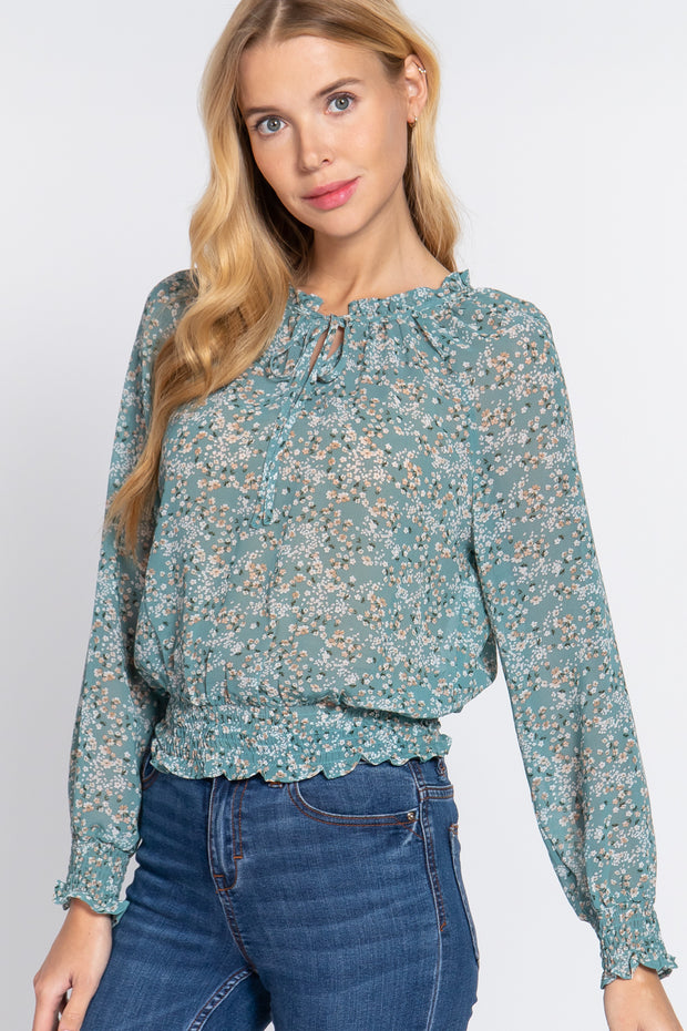 Long Sleeve Smocked Print Woven Top