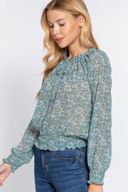 Long Sleeve Smocked Print Woven Top