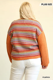 Novelty Knit And Solid Knit Mixed Loose Top With Drop Down Shoulder (Plus Size)