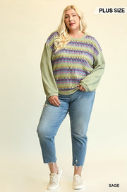 Novelty Knit And Solid Knit Mixed Loose Top With Drop Down Shoulder (Plus Size)