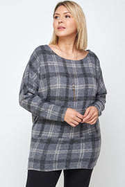 Boat Neck, Plaid Print Tunic Top, With Long Dolman Sleeves (Plus Size)