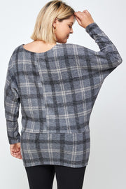 Boat Neck, Plaid Print Tunic Top, With Long Dolman Sleeves (Plus Size)