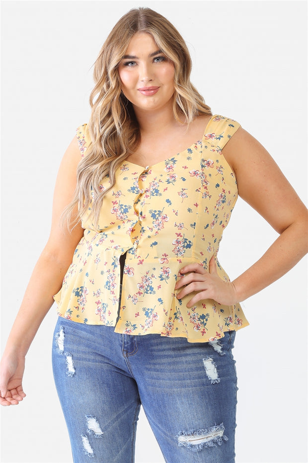 Plus Floral Button-up Sleeveless Flare Hem Top (Plus Size)