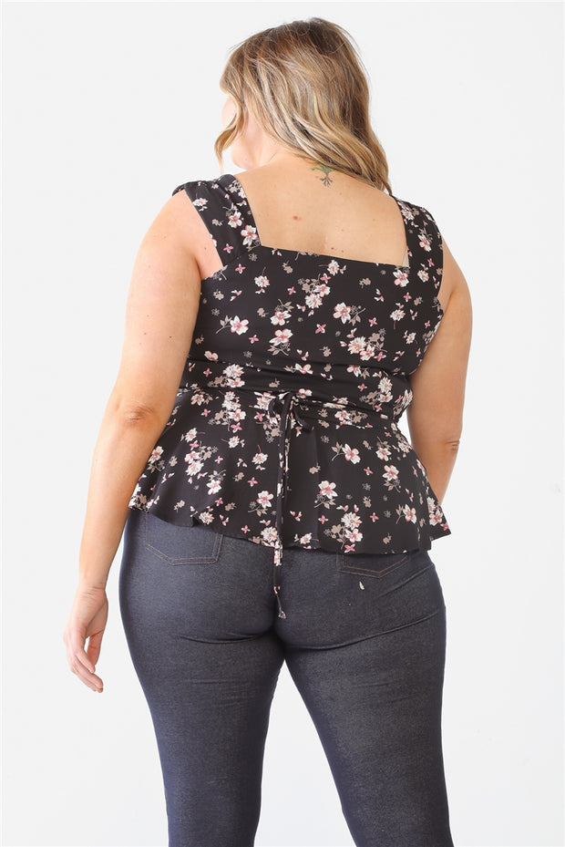 Plus Floral Button-up Sleeveless Flare Hem Top (Plus Size)
