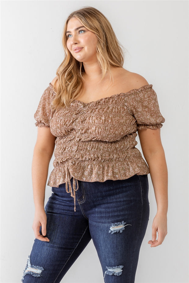 Plus Floral Chiffon Ruched Smocked Off-the-shoulder Top (Plus Size)