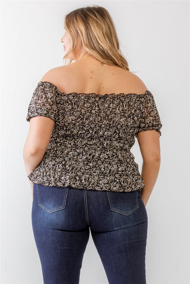 Plus Floral Chiffon Ruched Smocked Off-the-shoulder Top (Plus Size)