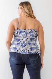 Plus Floral Print Woven Ruffle Sleeveless Back Zipper Tank Top (Plus Size)