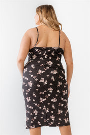 Plus Floral Ribbed Ruched Sleeveless Midi Dress (Plus Size)