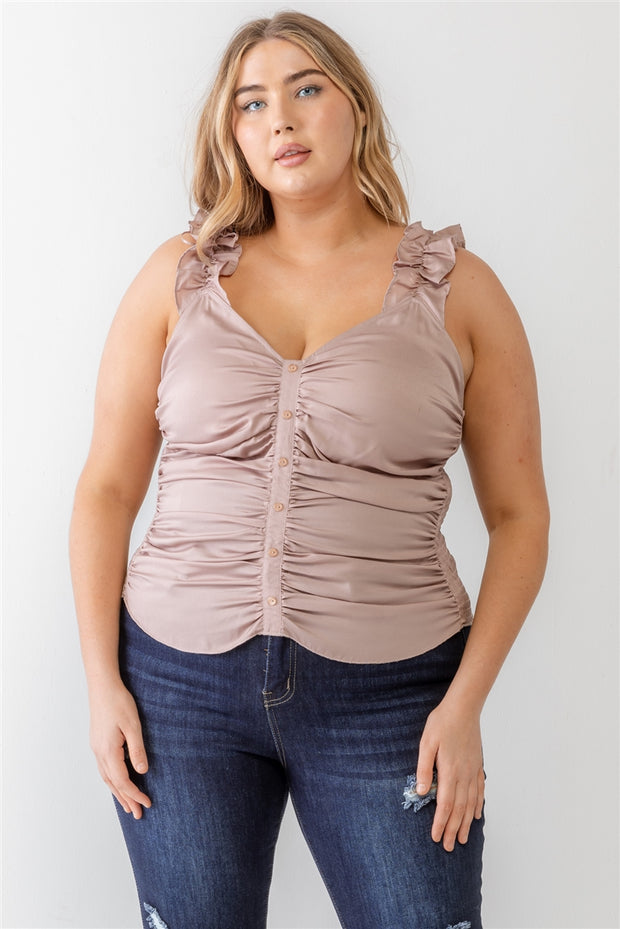 Plus Ruched Button-up Ruffle Strap Smocked Back Tank Top (Plus Size)