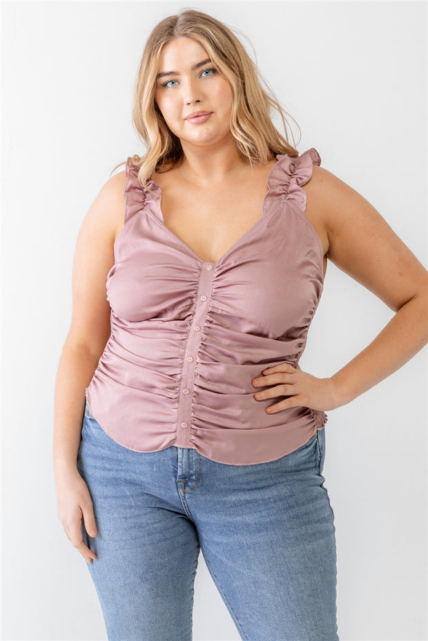 Plus Ruched Button-up Ruffle Strap Smocked Back Tank Top (Plus Size)