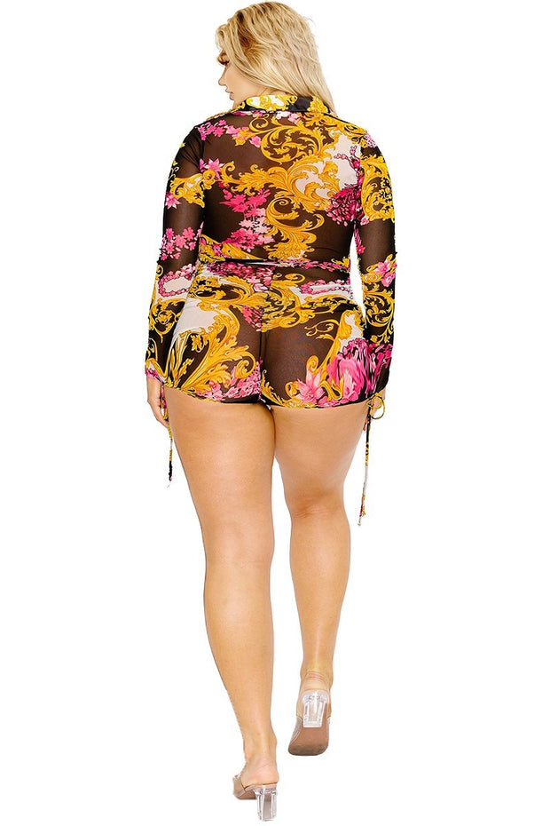 Plus Gold & Floral Pattern Print Belted Romer (Plus Size)
