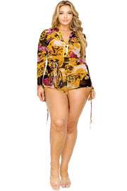 Plus Gold & Floral Pattern Print Belted Romer (Plus Size)