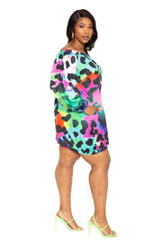 Electric Leopard Off Shoulder Bubble Mini Dress (Plus Size)