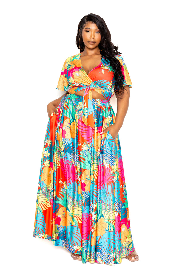 Tropical Floral Maxi Skirt & Top Set (Plus Size)