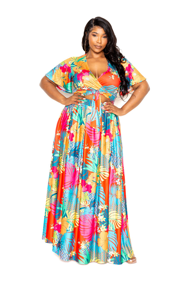 Tropical Floral Maxi Skirt & Top Set (Plus Size)