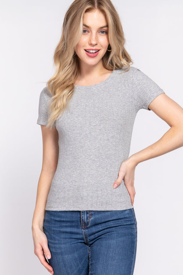 Short Sleeve Crew Neck Variegated Rib Knit Top