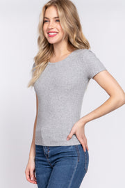 Short Sleeve Crew Neck Variegated Rib Knit Top