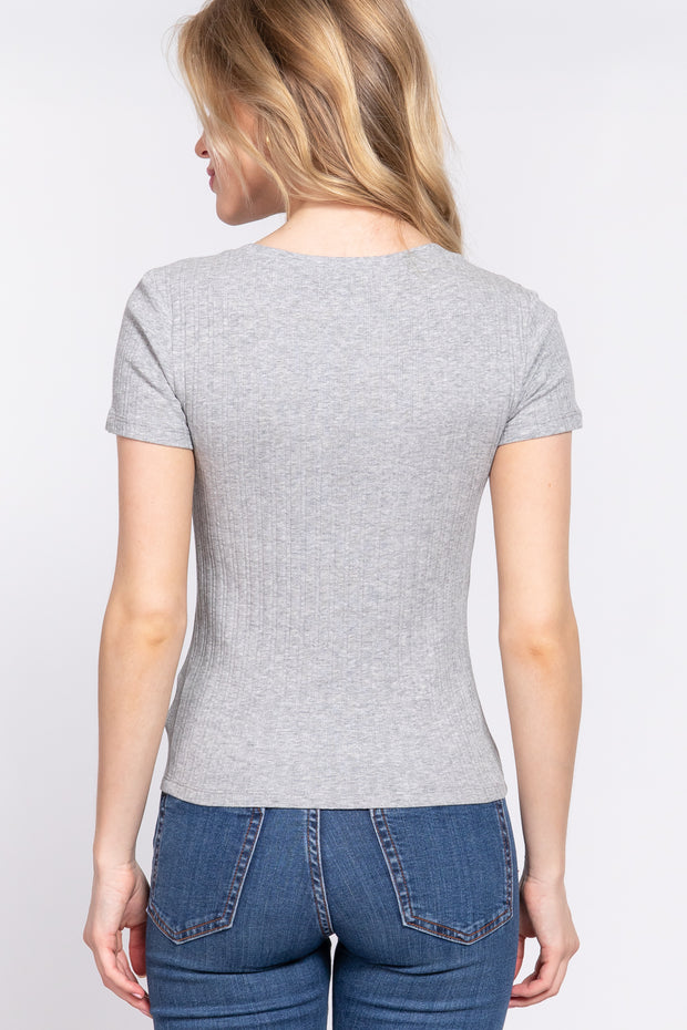 Short Sleeve Crew Neck Variegated Rib Knit Top