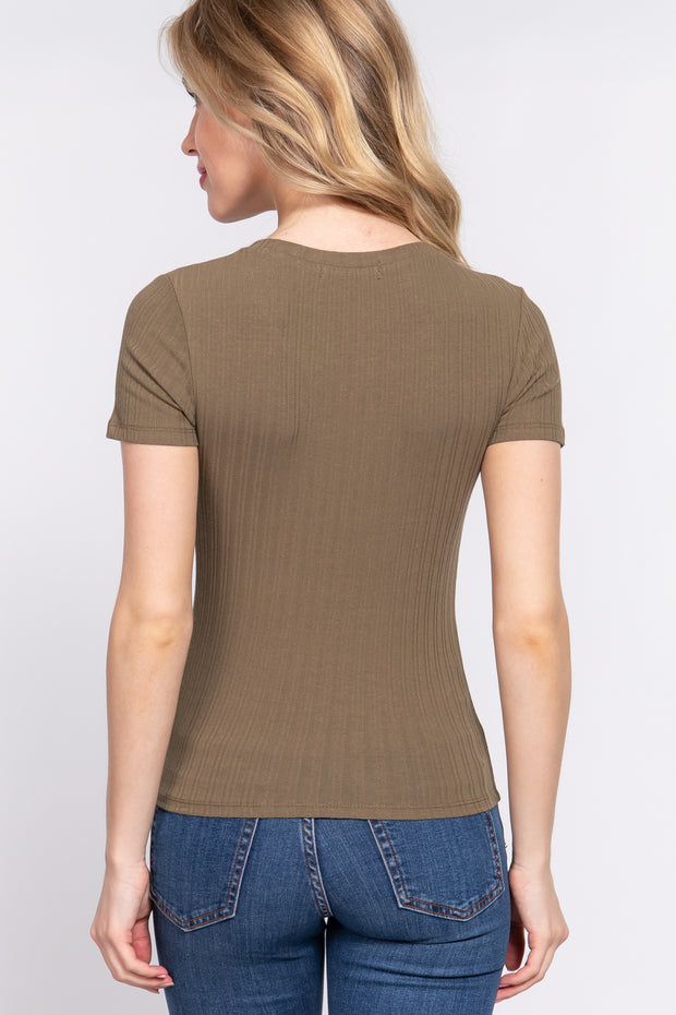 Short Sleeve Crew Neck Variegated Rib Knit Top