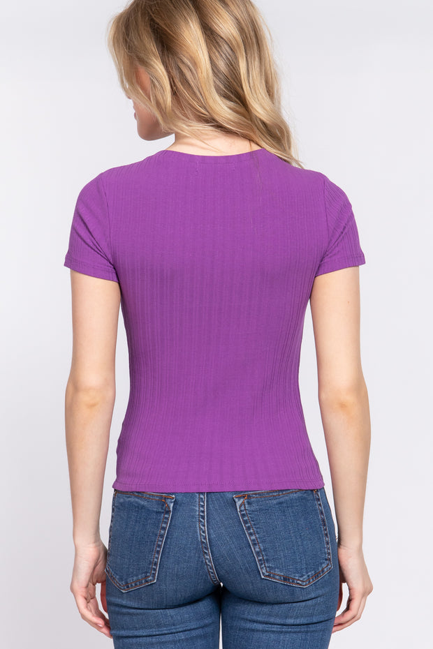 Short Sleeve Crew Neck Variegated Rib Knit Top