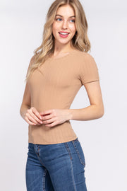 Short Sleeve Crew Neck Variegated Rib Knit Top