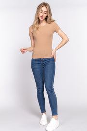 Short Sleeve Crew Neck Variegated Rib Knit Top