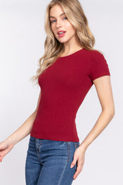 Short Sleeve Crew Neck Variegated Rib Knit Top