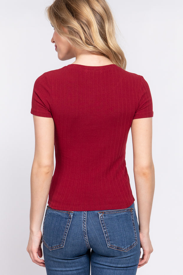 Short Sleeve Crew Neck Variegated Rib Knit Top