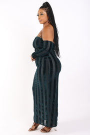 Striped Velvet Off Shoulder Dress (Plus Size)