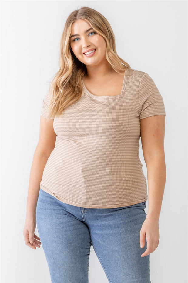 Plus Taupe Waffle Knit Angled Neck Short Sleeve Top (Plus Size)