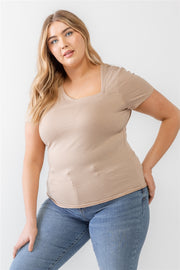 Plus Taupe Waffle Knit Angled Neck Short Sleeve Top (Plus Size)