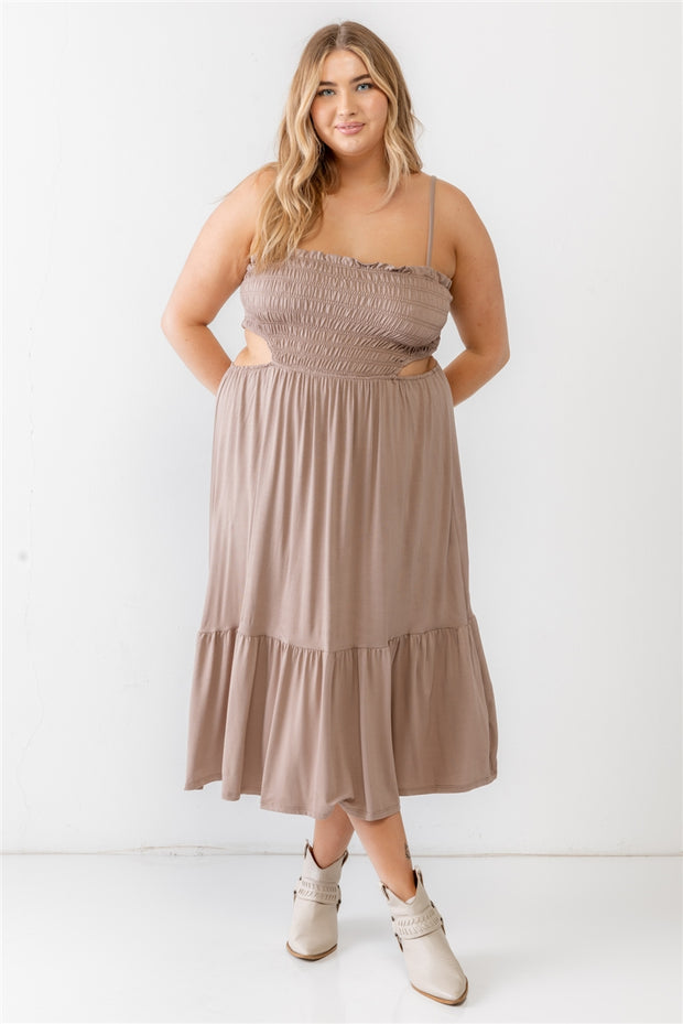 Plus Smocked Cut-out Strappy Flare Hem Midi Dress (Plus Size)