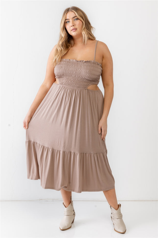 Plus Smocked Cut-out Strappy Flare Hem Midi Dress (Plus Size)