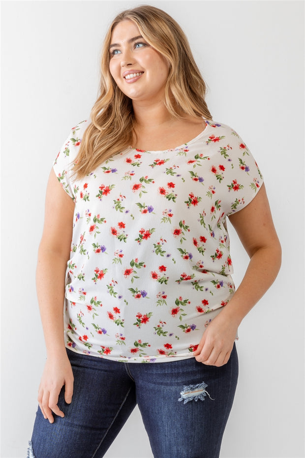 Plus Flower Print Ruched Top (Plus Size)