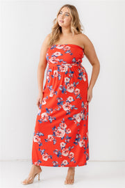 Plus Red Rose Print Ruched Strapless Midi Dress (Plus Size)