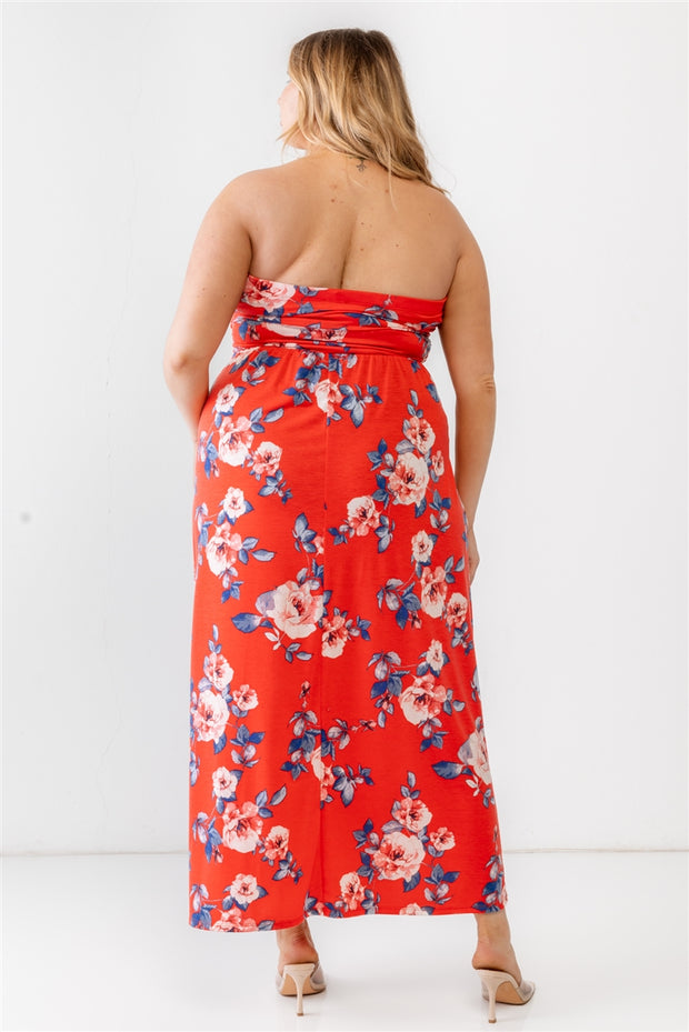 Plus Red Rose Print Ruched Strapless Midi Dress (Plus Size)