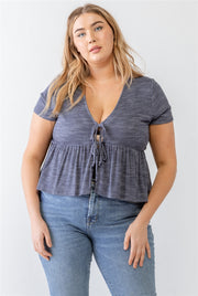 Plus Denim Blue Ribbed U-shape Neck Flare Hem Tie Top (Plus Size)