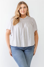 Plus Grey Cotton Blend Smoked Short Sleeve Top (Plus Size)