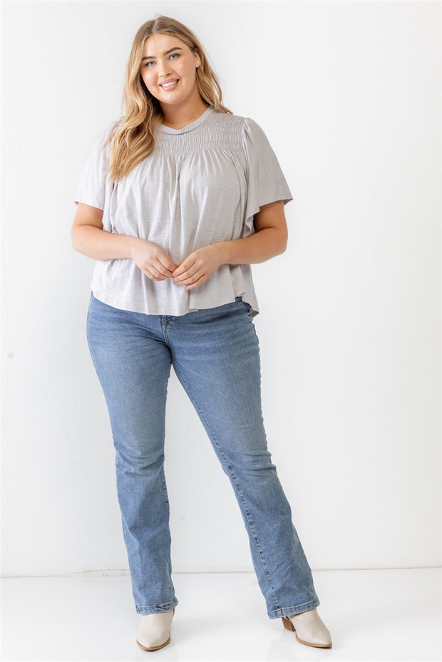 Plus Grey Cotton Blend Smoked Short Sleeve Top (Plus Size)