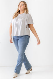 Plus Grey Cotton Blend Smoked Short Sleeve Top (Plus Size)