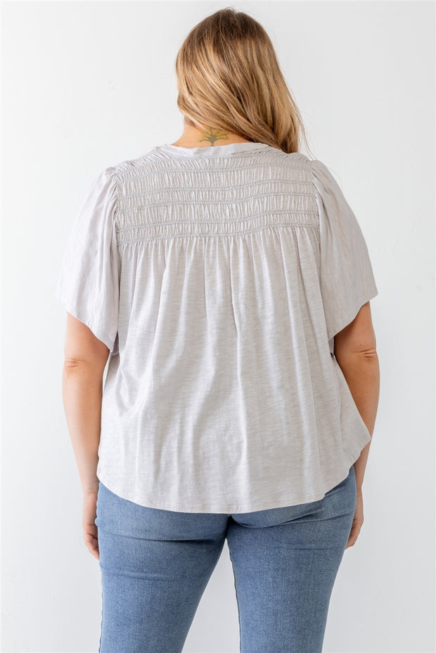 Plus Grey Cotton Blend Smoked Short Sleeve Top (Plus Size)