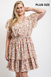 Floral Printed Ruffle Detail Dress With Elastic Waist (Plus Size)