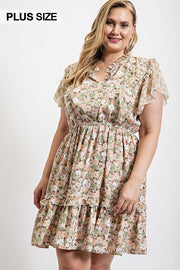 Floral Printed Ruffle Detail Dress With Elastic Waist (Plus Size)