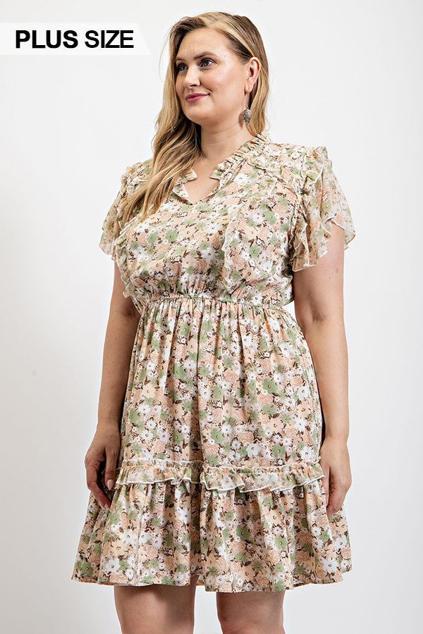 Floral Printed Ruffle Detail Dress With Elastic Waist (Plus Size)