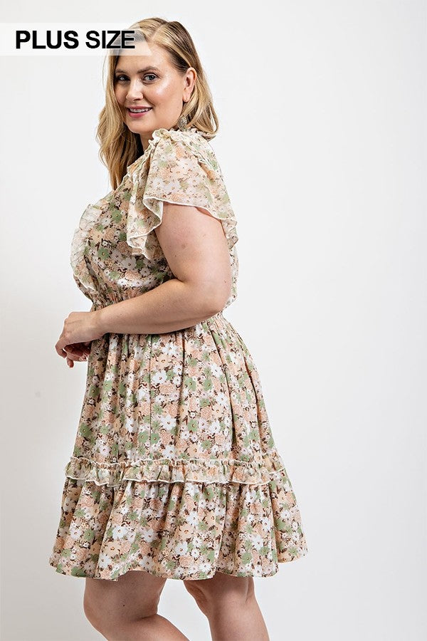 Floral Printed Ruffle Detail Dress With Elastic Waist (Plus Size)