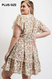 Floral Printed Ruffle Detail Dress With Elastic Waist (Plus Size)